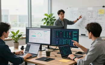 Developers collaborating on software project details with visuals and data, showcasing kecak4d methodologies in a vibrant workspace.