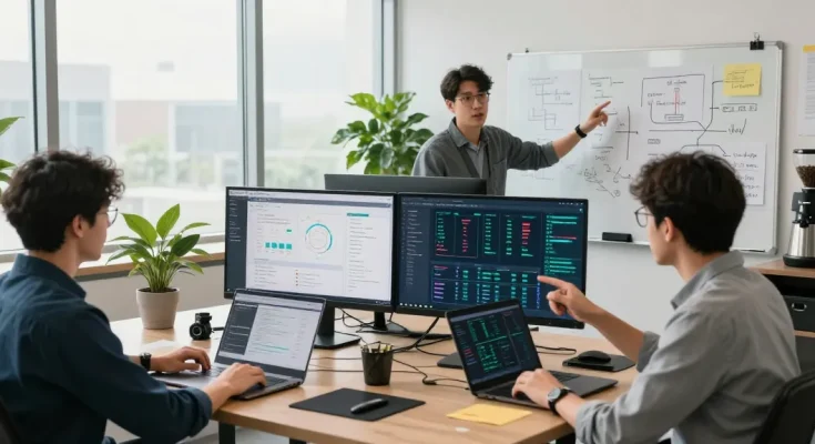 Developers collaborating on software project details with visuals and data, showcasing kecak4d methodologies in a vibrant workspace.