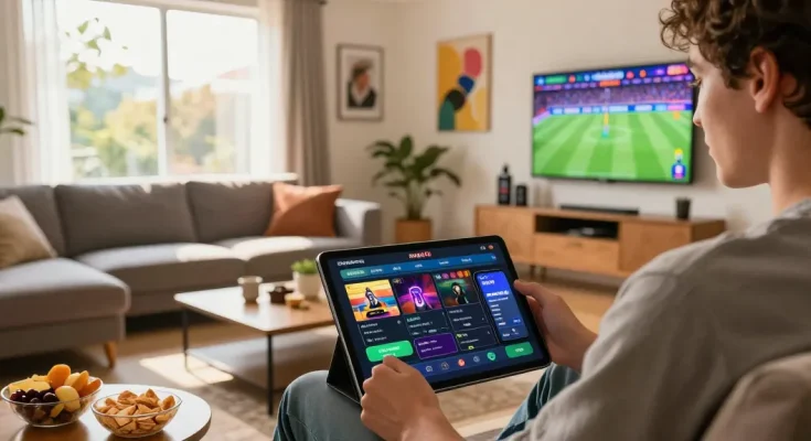 Engaged user on newbet4d betting platform in a cozy living room.