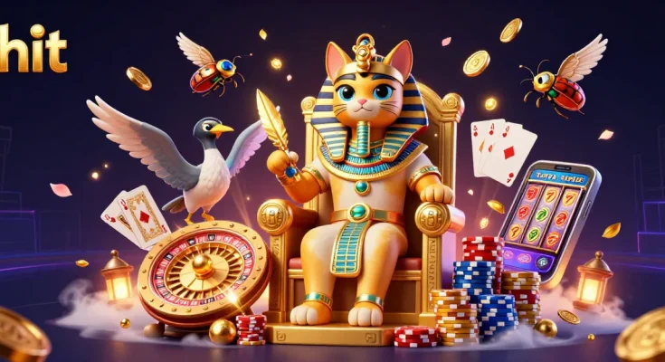 Hit big at the casino with golden coins cascading around the pharaoh cat and ibis scribe.