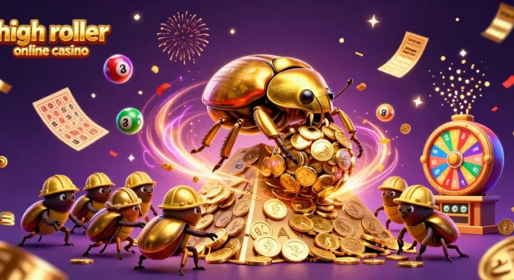 Join the excitement at a high roller online casino, featuring golden beetles and bouncing lottery balls.