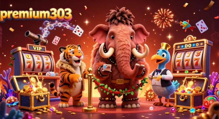 Win big with premium303 at this lively casino featuring a woolly mammoth checking IDs among vibrant slot elements.
