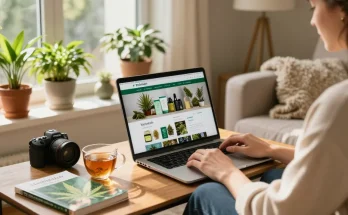 Where Can I Buy High Grade Cannabis Safely Online In The UK? A cozy living room scene showcasing online cannabis shopping.