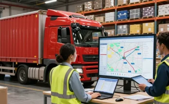 LKW Transport von Dortmund: Moderne Logistikszene mit einem roten Lastwagen und einem Team von Fachleuten, die Routenpläne besprechen.