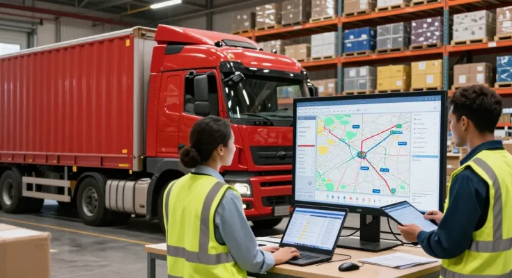 LKW Transport von Dortmund: Moderne Logistikszene mit einem roten Lastwagen und einem Team von Fachleuten, die Routenpläne besprechen.
