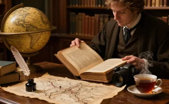 Explore Tynte's Castle content at https://tyntescastle.com, scholar researching history in a warm library.