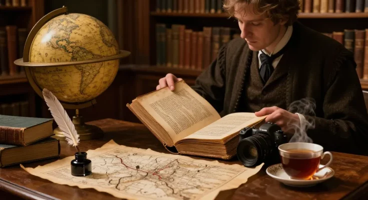 Explore Tynte's Castle content at https://tyntescastle.com, scholar researching history in a warm library.