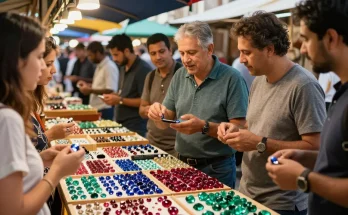 Discover exceptional gemstones at https://www.mygemspot.com with merchants showcasing quality stones in a vibrant market.