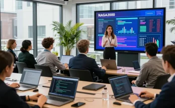 NAGA2000 software presentation at a dynamic tech conference with diverse professionals engaging and networking.