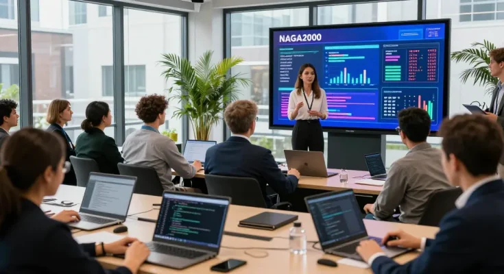 NAGA2000 software presentation at a dynamic tech conference with diverse professionals engaging and networking.