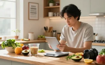 Tracking meals with the best AI calorie tracker in a bright kitchen, filled with fresh ingredients.