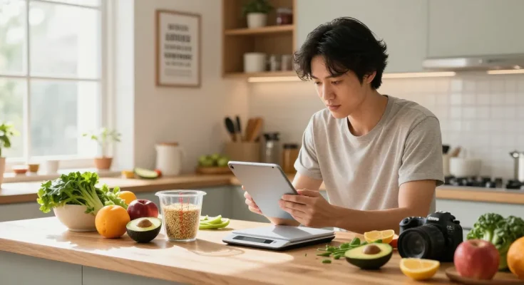 Tracking meals with the best AI calorie tracker in a bright kitchen, filled with fresh ingredients.