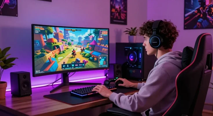 Experience immersive gaming with pakde4d in a modern setup featuring high-tech gear and vibrant graphics.
