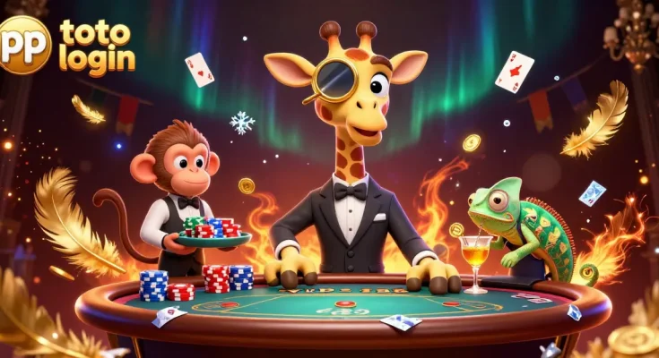 Engage with pp toto login in this vibrant casino-themed scene featuring a giraffe and characters.