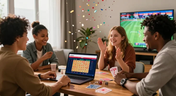 Exciting celebration of online gambling at https://shbet.cruises/ with friends enjoying lottery success and sports betting.