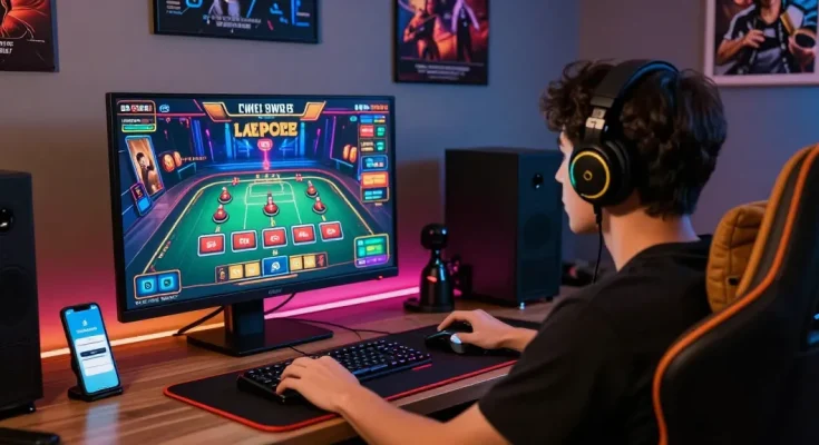 Gamer immersed in raja328 login live casino experience with vibrant screen and ambient setup