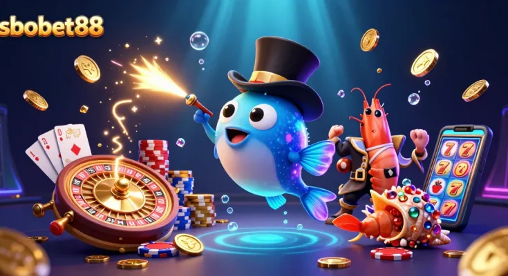 Engage with sbobet88's vibrant casino world, featuring 3D characters and dazzling game elements.