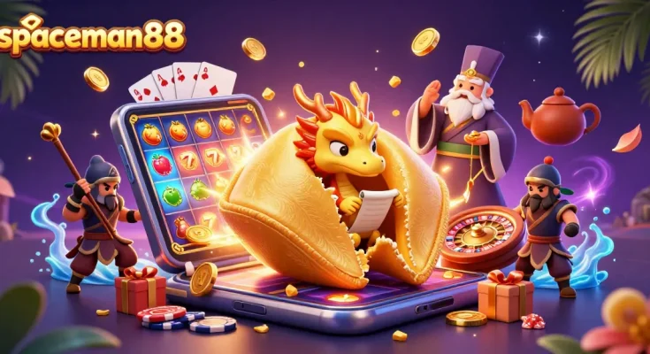 spin wins with spaceman88 in a vibrant casino scene featuring a dragon, fortune cookie, and slot game action