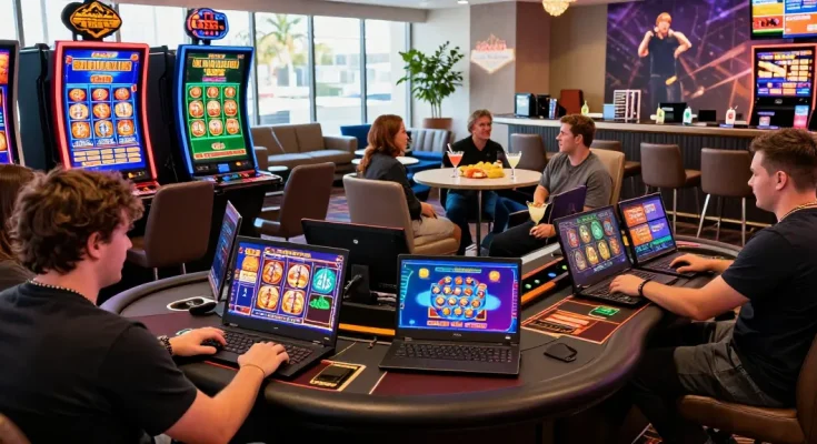 Exciting online casinos Australia scene with players enjoying digital pokies and gambling on tablets.