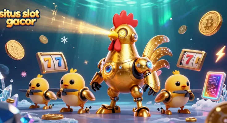 Engage with situs slot gacor through a vibrant 3D scene with a golden rooster robot and vibrant slot game elements.