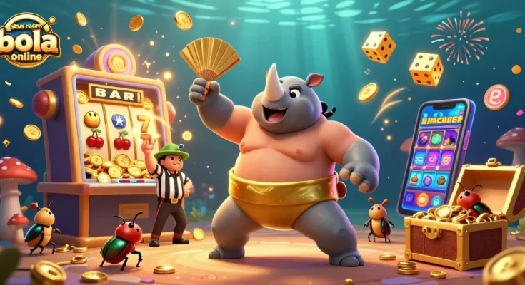 Situs resmi bola online features a vibrant 3D beetle sumo champion with golden coins flying in an action-packed casino scene.
