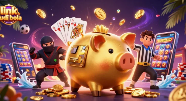 Experience thrilling bets with link judi bola under a sumo wrestler and ninja duel in vibrant casino action.