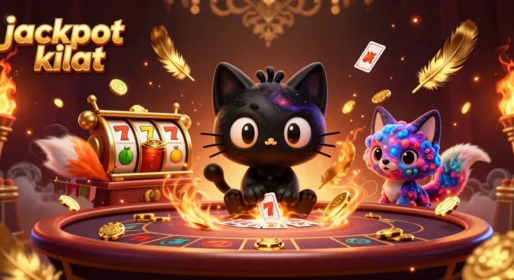 Experience the excitement of jackpot kilat with a cosmic cat at a casino table, swirling in gold.