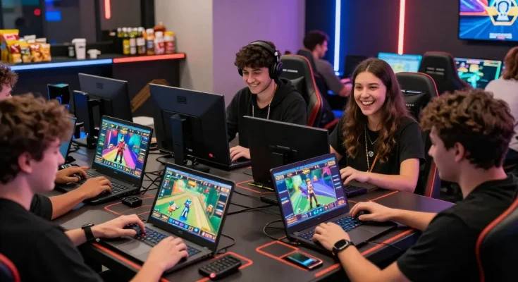 NAGA2000 gaming environment showcasing diverse players engaged in immersive iGaming activities across multiple devices in a vibrant, modern lounge.
