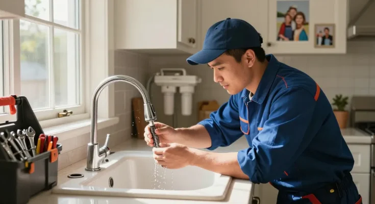 Reliable plumber fixing a kitchen faucet, learn more about plumbing services.