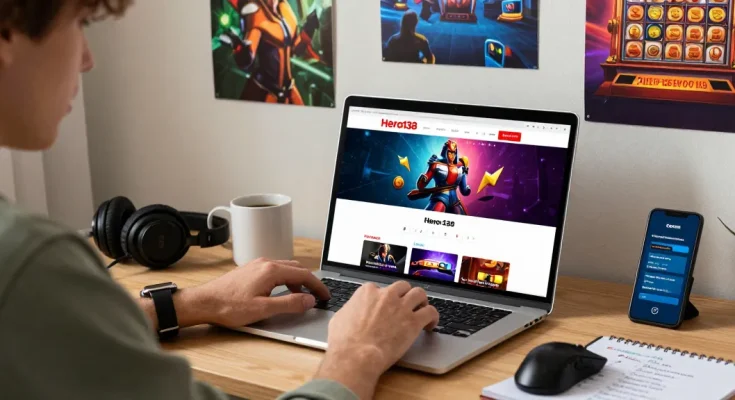 User engaged in hero138 login at home office, showcasing gaming accessories, cozy atmosphere, and betting strategy elements.
